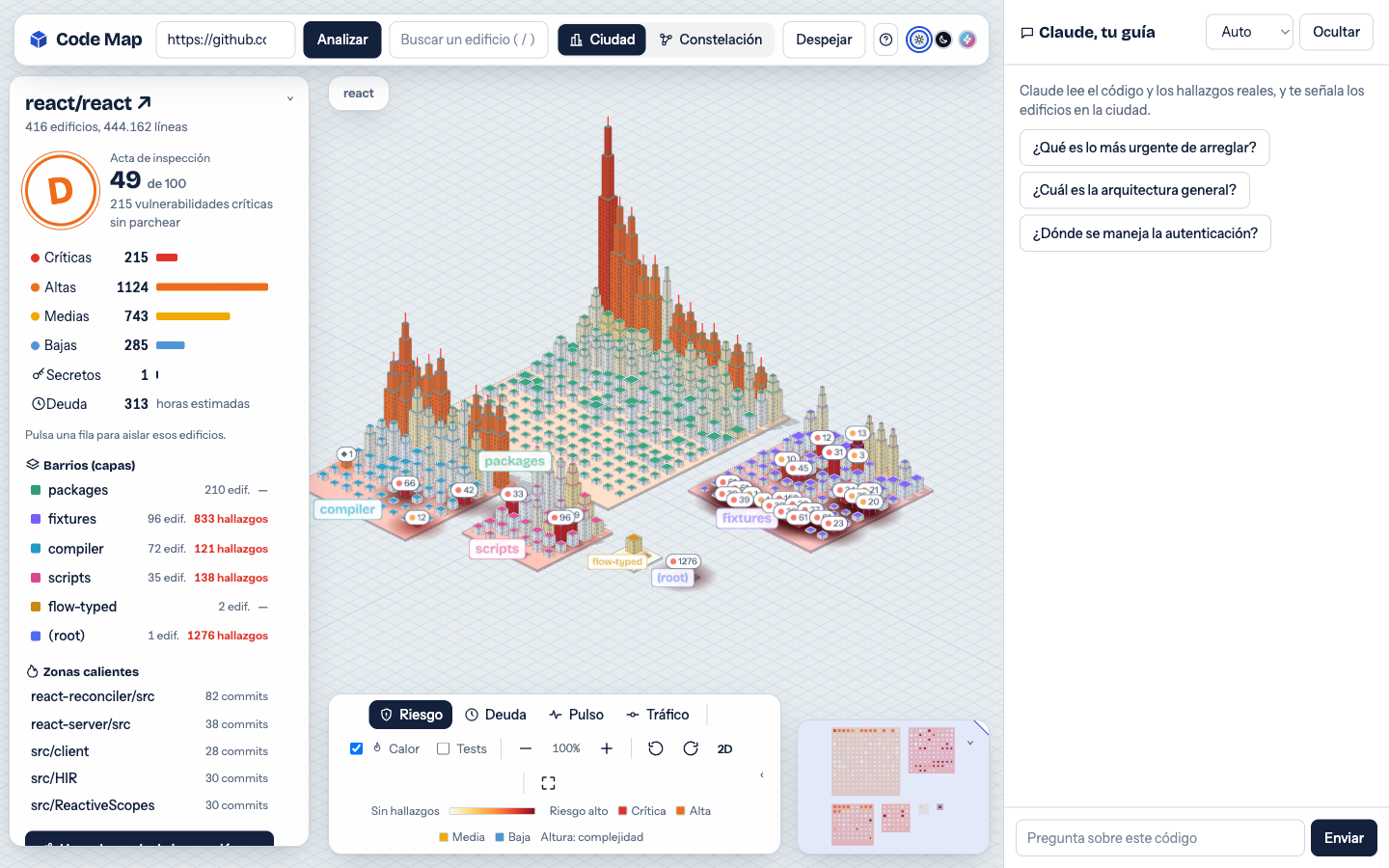 Isometric city of the react/react repository: hundreds of buildings on five coloured district plates, the tallest towers red, a heat stain spreading across the ground.